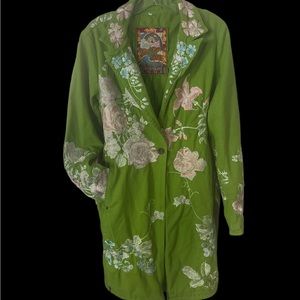 Johnny Was Biya long denim green and pink embroidered rose jacket